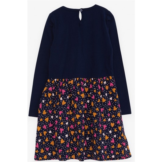Girl Long Sleeve Dress Colorful Heart Pattern Navy Blue (4-9 Years)
