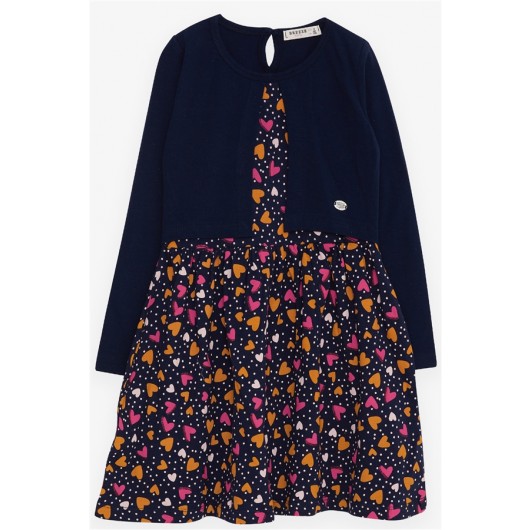 Girl Long Sleeve Dress Colorful Heart Pattern Navy Blue (4-9 Years)