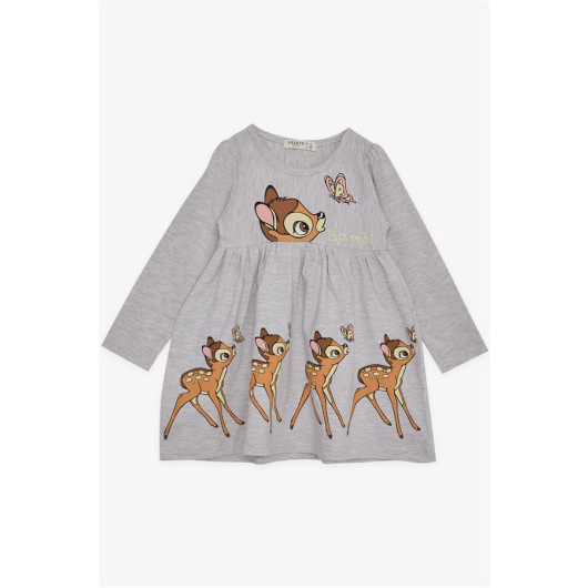 Girl's Long Sleeve Dress Cute Gazelle Printed Beige Melange (Age 2-6)