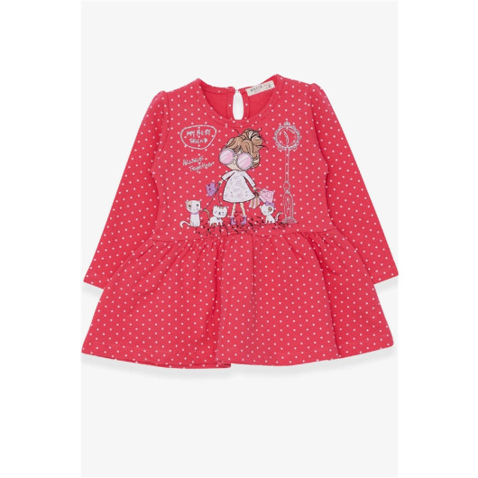 فستان بناتي بأكمام طويلة بطبعة بنت لامعة/أحمر رماني(1-4سنوات)