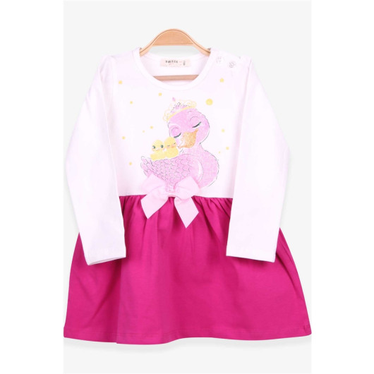 Girl Long Sleeve Dress Glittery Duck Printed Ecru (1.5-5 Years)