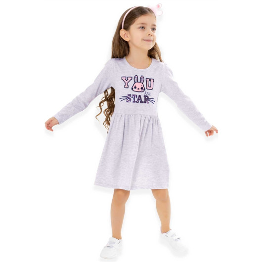 فستان بناتي بأكمام طويلة مطرز بنمط أرنب لون رمادي ميلانج (2-5 سنوات)