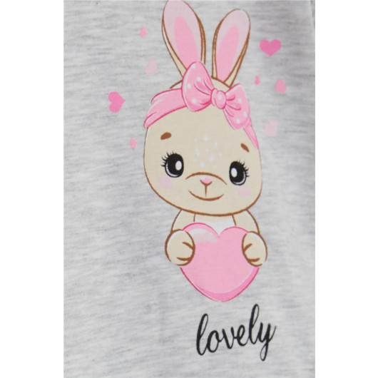 Light Gray Bunny Print Tulle Long Sleeves Waist Girls Dress (1.5-5 Years)