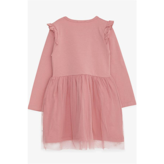 Girls Pink Bunny Print Tulle Long Sleeves Waist Dress (1.5-5 Years)