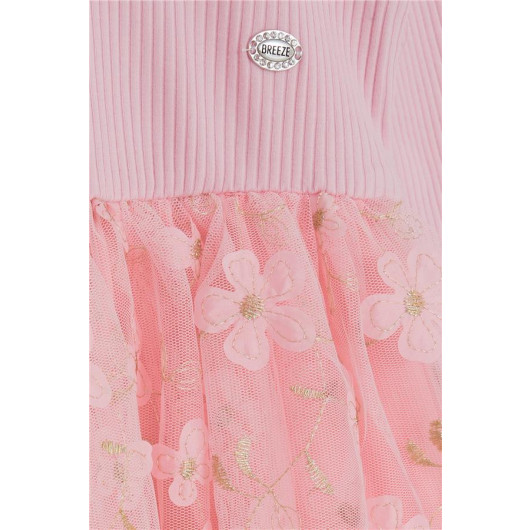 Girl's Long Sleeve Dress Tulle Flower Patterned Pink (4-8 Years)