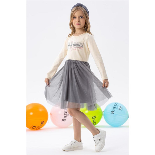 Girl Long Sleeve Dress Tulle Text Printed Cream (8-12 Ages)