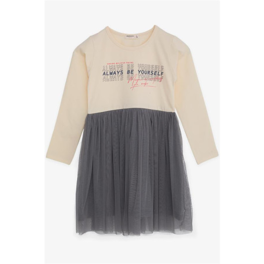 Girl Long Sleeve Dress Tulle Text Printed Cream (8-12 Ages)