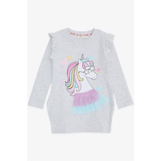 Girl Long Sleeve Dress Unicorn Printed Light Gray Melange (1.5-5 Years)