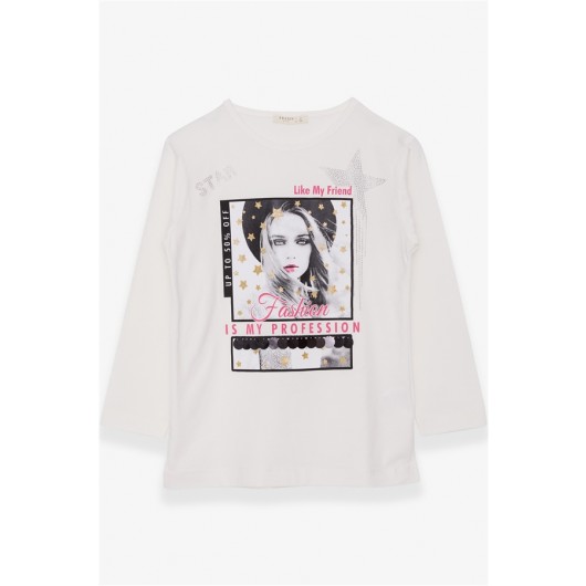 Girl's Long Sleeved T-Shirt Printed Ecru With Stones (10-16 Ages)