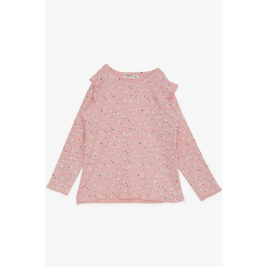 Girl's Long Sleeve T-Shirt Floral Patterned Ruffle Shoulder Salmon (2-6 Years)