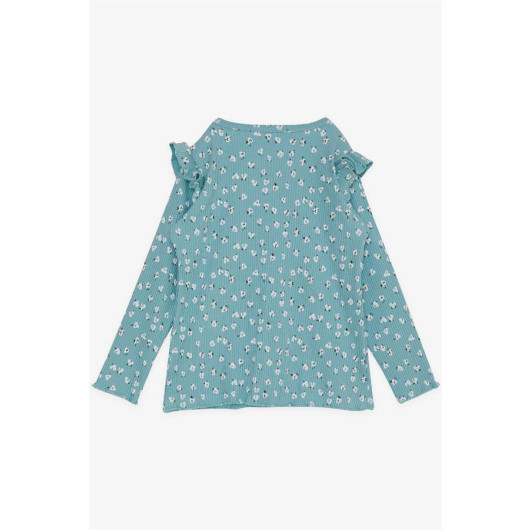 Girl's Long Sleeve T-Shirt Floral Patterned Ruffle Shoulder Water Green (Age 2-6)