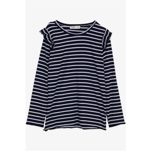 Girl's Long Sleeved T-Shirt Striped Ruffle Off Shoulder Navy (6-12 Years)