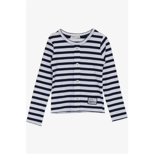 Girls Long Sleeved T-Shirt Button Accessory Striped White (8-14 Years)