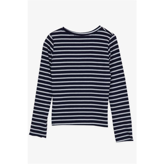Girl's Long Sleeved T-Shirt Button Accessory Striped Navy (8-14 Years)