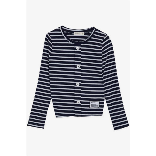 Girl's Long Sleeved T-Shirt Button Accessory Striped Navy (8-14 Years)