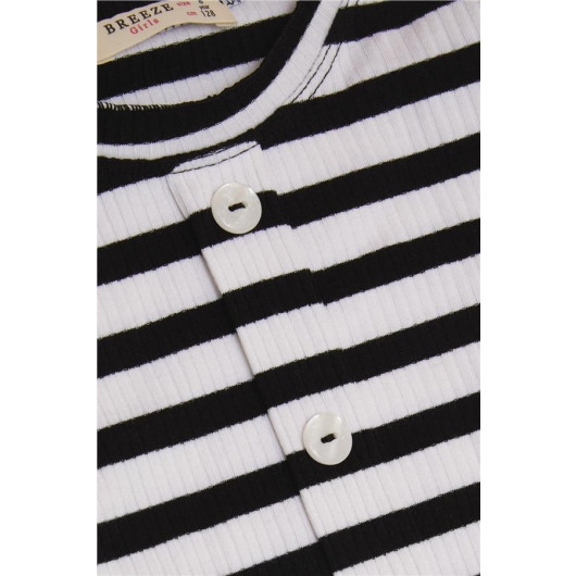 Girls Long Sleeved T-Shirt Button Accessory Striped Black (8-14 Years)