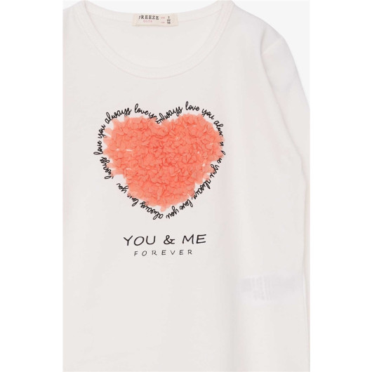 Girl's Long Sleeved T-Shirt Heart Tulle Embroidered Ecru (3-5 Years)