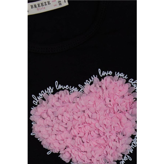 Girl's Long Sleeve T-Shirt Heart Tulle Embroidered Black (Age 3-7)