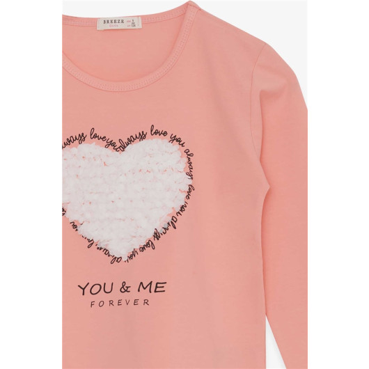 Girl's Long Sleeve Blouse Heart-Shaped Tulle Embroidered Salmon (8-12 Years)