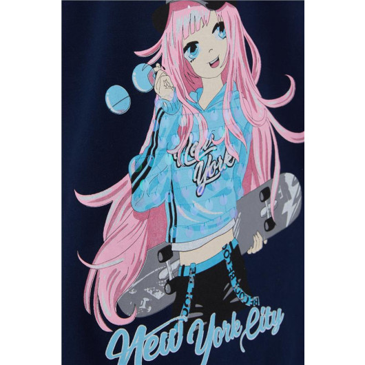 Girl's Long Sleeved T-Shirt Skateboarding Girl Printed Navy (9-14 Years)