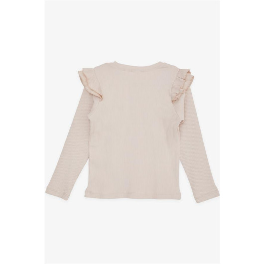 Girl's Long Sleeved T-Shirt With Ruffle Shoulder Beige (5-10 Years)