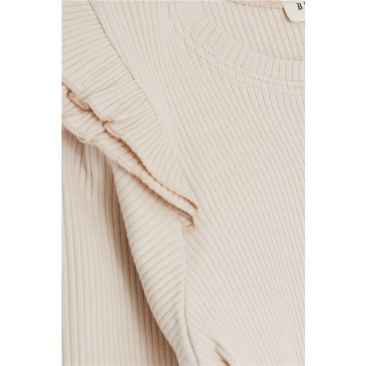 Girl's Long Sleeved T-Shirt With Ruffle Shoulder Beige (5-10 Years)