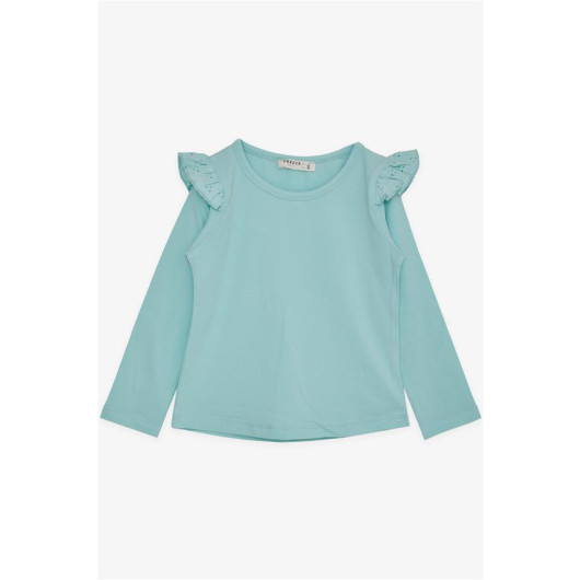 Girl's Long Sleeve T-Shirt With Laced Shoulders, Aqua Green (Ages 3-7)