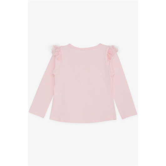 Girl's Long Sleeved T-Shirt With Tulle Embroidery On Shoulder Pink (3-7 Years)
