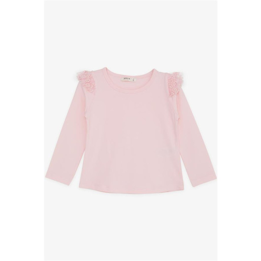 Girl's Long Sleeved T-Shirt With Tulle Embroidery On Shoulder Pink (3-7 Years)