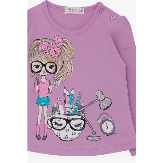 Girl's Graphic Print Long Sleeve T-Shirt, Purple (1-4 Years)
