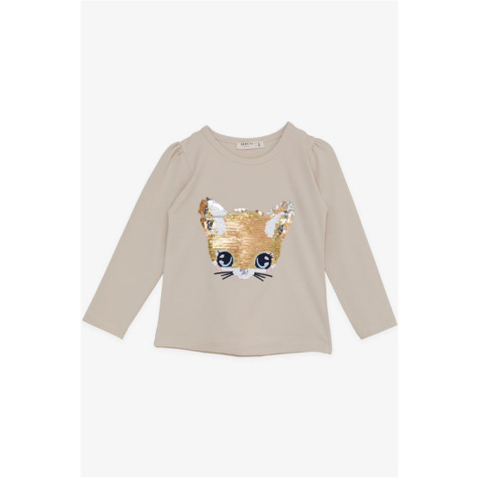 Girl's Long Sleeve T-Shirt Cute Kitten Animated Sequin Embroidered Beige (Ages 3-8)