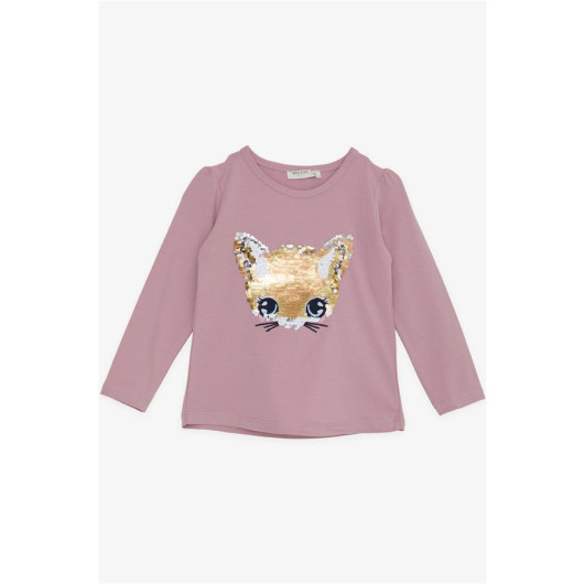 Girl's Long Sleeve T-Shirt Cute Kitten Animated Sequin Embroidered Dusty Rose (Ages 3-8)