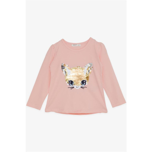 Girl's Long Sleeve T-Shirt Cute Kitten Animated Sequin Embroidered Salmon (Age 3-8)