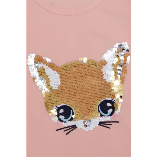Girl's Long Sleeve T-Shirt Cute Kitten Animated Sequin Embroidered Salmon (Age 3-8)