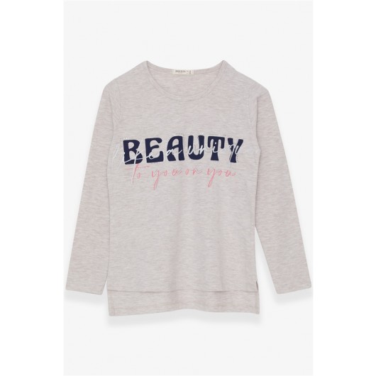 Girl's Long Sleeve T-Shirt With Stone Text Printed Beige Melange (10-16 Ages)