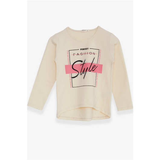 Girl's Long Sleeved T-Shirt With Stone Text Printed Cream (6-12 Ages)