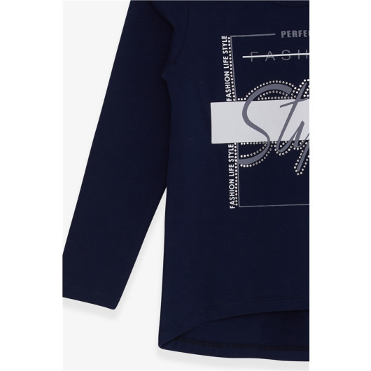 Girl's Long Sleeve T-Shirt With Stone Text Printed Navy Blue (6-12 Years)