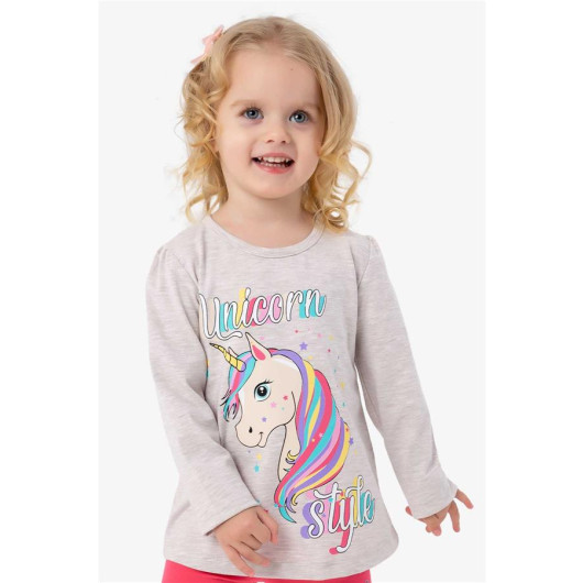 Girl Long Sleeve T-Shirt Unicorn Beige Melange (2-6 Years)