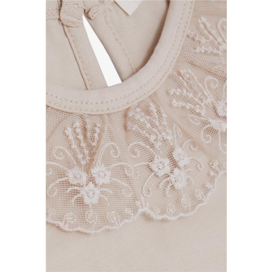Girl Long Sleeved T-Shirt Collar Guipure Embroidered Elasticated Sleeves Beige (1-4 Years)