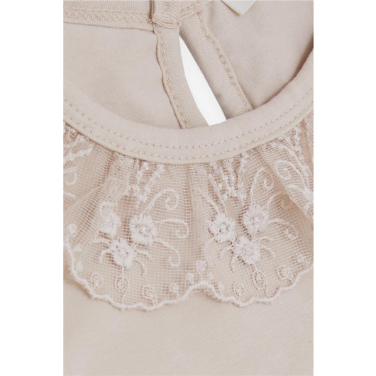 Girl's Long Sleeved T-Shirt Collar Guipure Embroidered Elasticated Sleeves Beige (5-10 Years)
