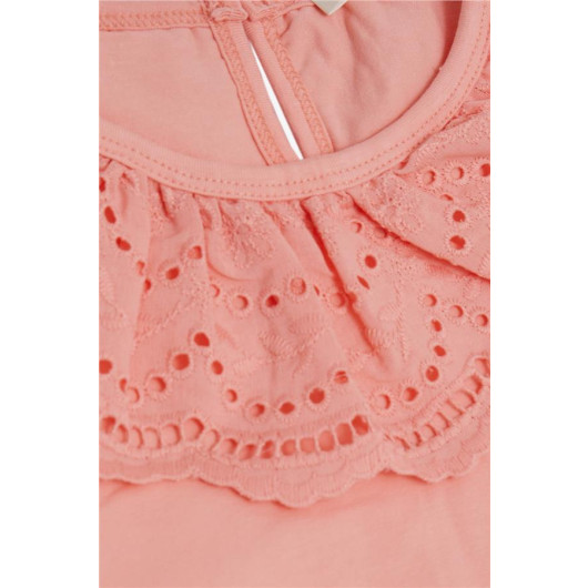 Girl's Long Sleeve T-Shirt In Salmon With Laced Embroidery On The Collar (Age 5-10)