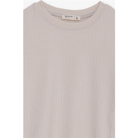 Girl's Long Sleeve T-Shirt With Pleated Sides Beige (8-14 Years)