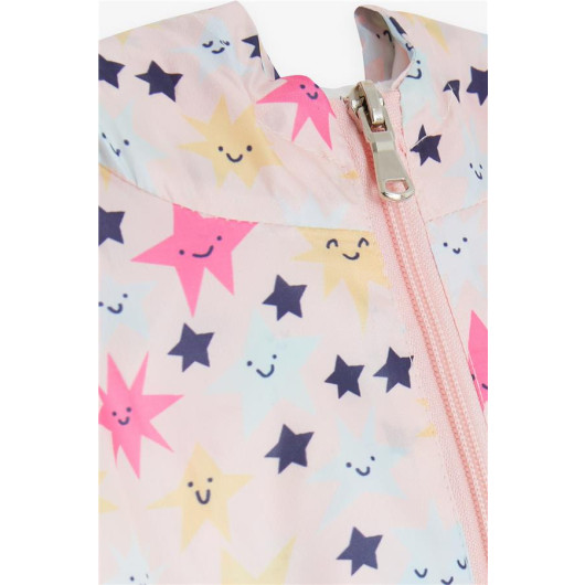Girl Raincoat Smiling Face Star Patterned Salmon (1-5 Years)
