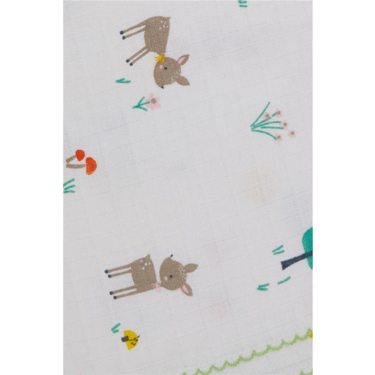 Newborn Baby Muslin Blanket Spring Themed Gazelle Patterned Ecru
