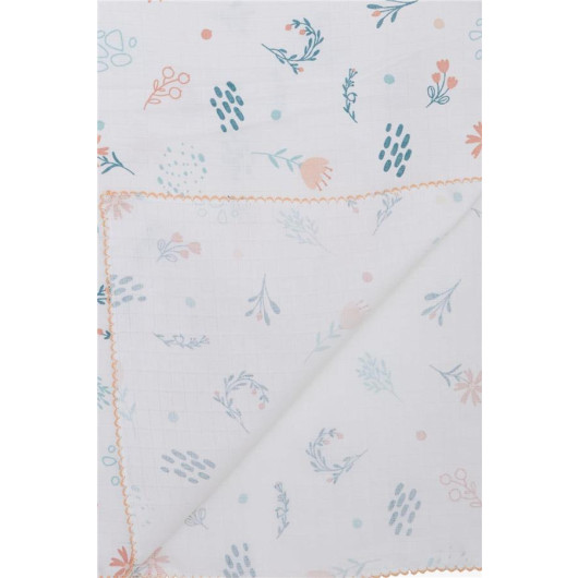 Newborn Baby Muslin Blanket Spring Themed Floral Pattern Ecru