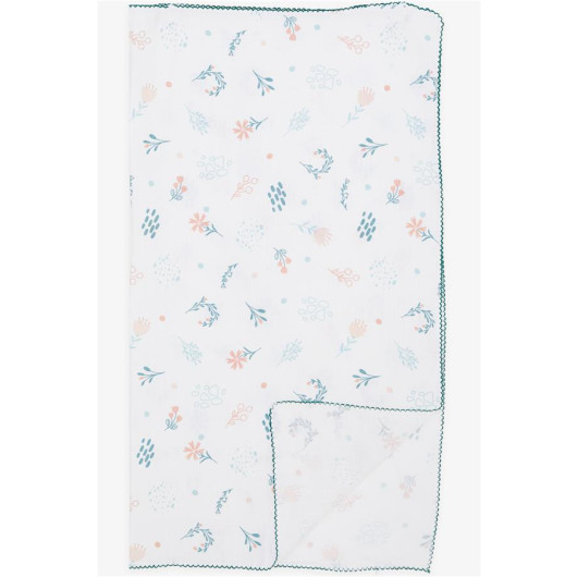 Newborn Baby Muslin Blanket Colorful Floral Pattern Ecru