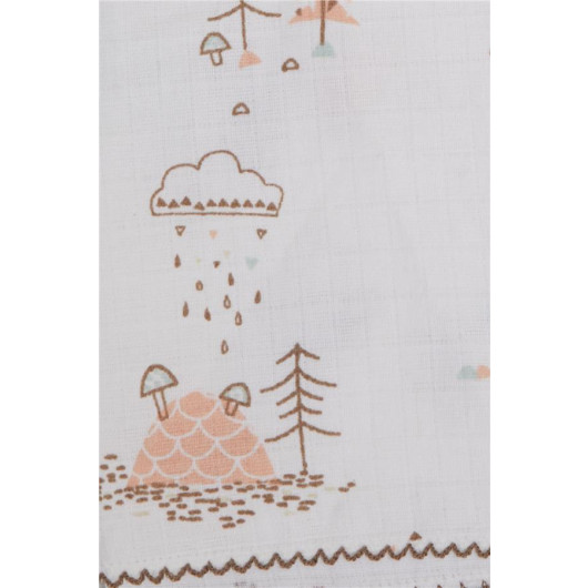 Newborn Baby Muslin Blanket Rain Themed Tree Pattern Ecru