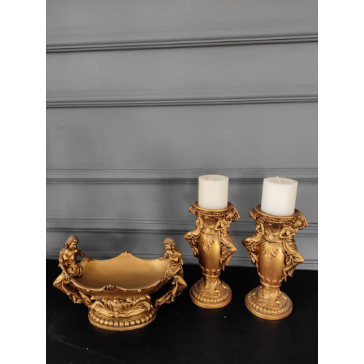 Konsol Set Of 2 Candle Holders + Plate Gold Color
