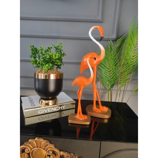 Decorative Set Of Two Pieces Of Flamingo Figurine Decorated In Orange