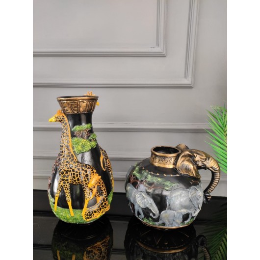 Set Of 2 Vases 3D Design Elephant And Giraffe Shape Tabletop Vase Decor